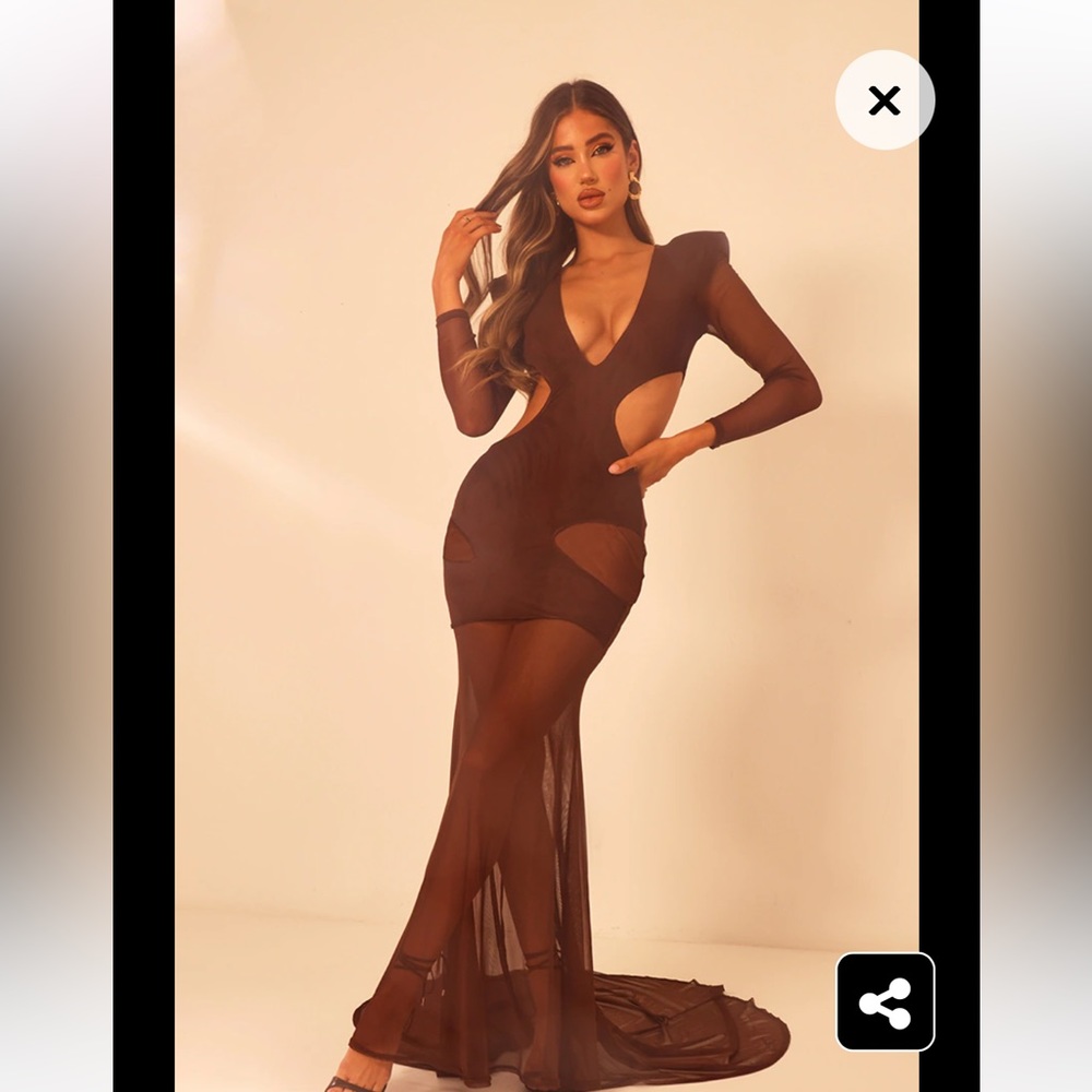 Pretty Little Thing Chocolate Mesh Cut Out Layered Maxi Dress